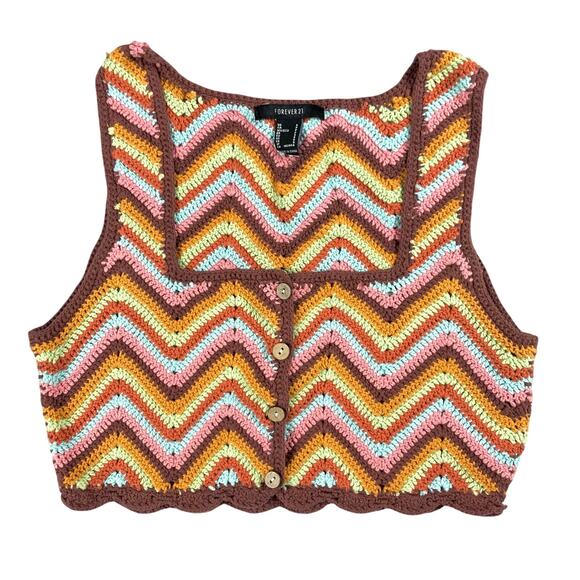 Forever 21 Crochet Crop Top Women Small Button Front Square Neck Hippie Festival - Picture 2 of 9